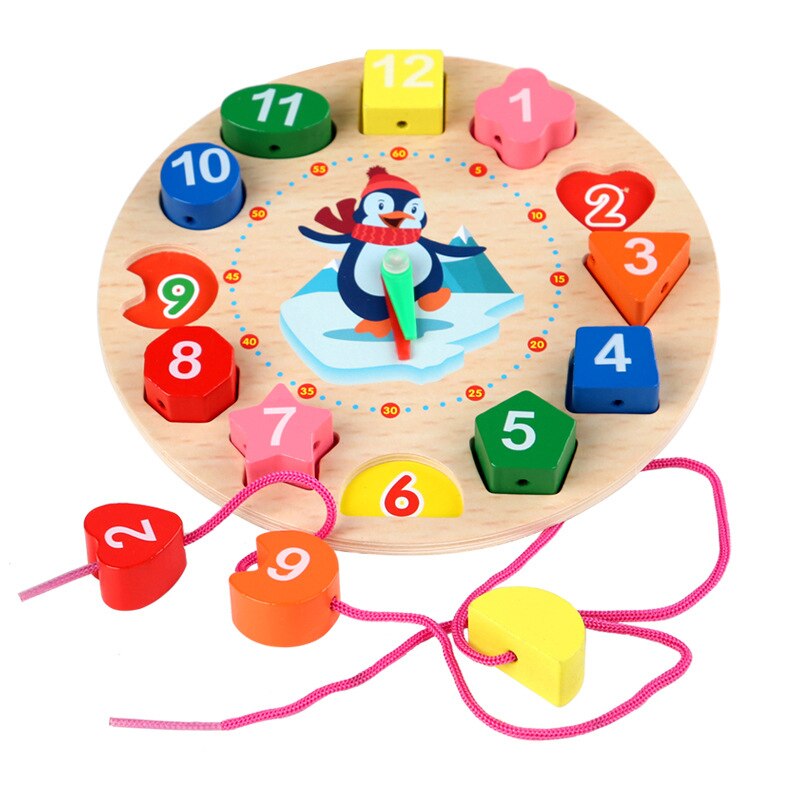 Horloge éducative en bois Montessori avec dessin animé et perles -
