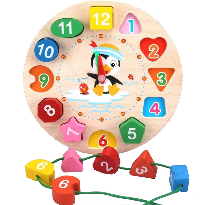 Horloge éducative en bois Montessori avec dessin animé et perles -